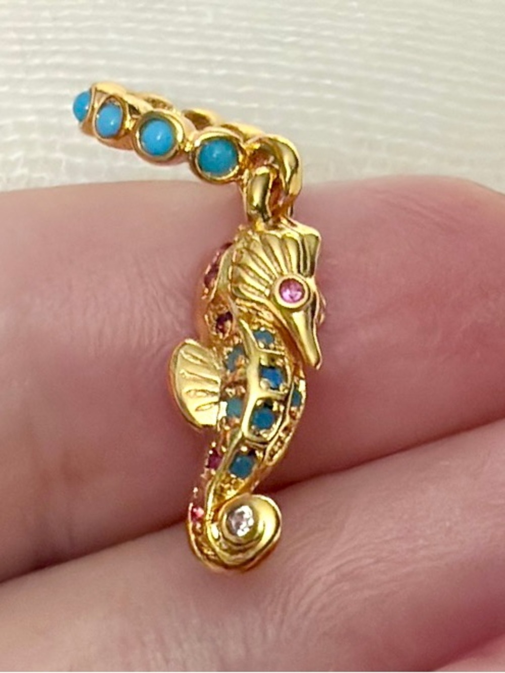 Seahorse Dangle Charm | 14k Gold Over 925 Sterling, Multicolor Cz Gems